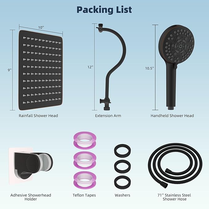 Hibbent All Metal Shower Head, 10'' High Pressure Rainfall Shower Head/Handheld Showerhead Combo with 12'' Adjustable Curved Shower Extension Arm, 10-Spray, 71'' Hose, Shower Holder, Oil Rubbed Bronze