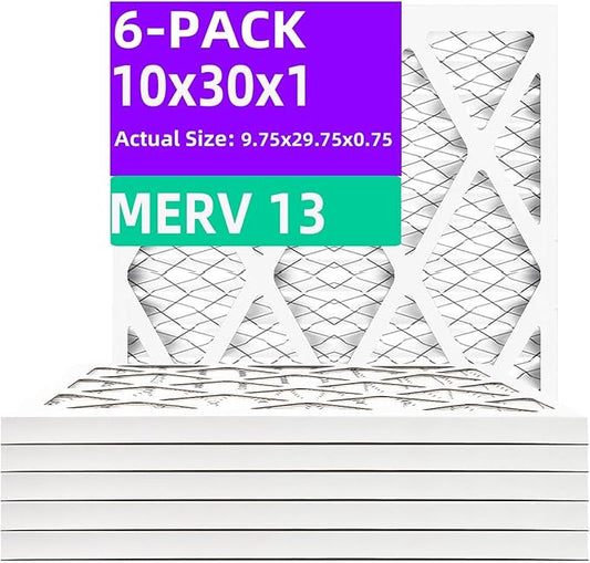 10x30x1 MERV 13 (6-Pack) Air Filter (Actual Size: 9.75x29.75x0.75") MPR 1900 & FPR 10, Furnace Air Filters,10x30x1 air filter