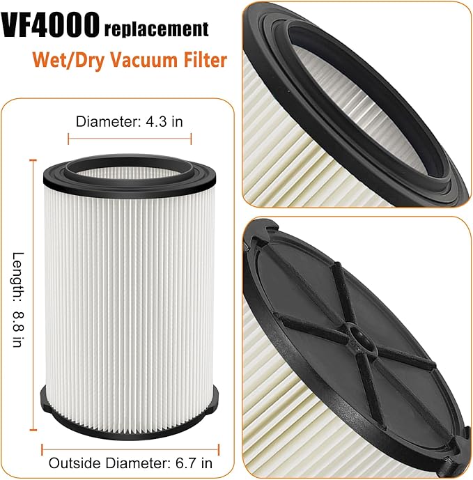 VF4000 Replacement Filter for Ridgid Shop Vacuums 5-20 Gallon, Universal VF4200 Filter Fits Rigid Wet Dry Vac/Husky Shop Vacuum Filter 6-9 Gallon with Foam Sleeves-2 Pack