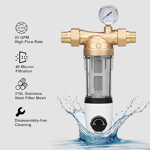 Airthereal Spin Down Water Sediment Filter, Pre-Filtration System for Whole Home, Water Filter for City and Well Water, 40 Micron Reusable Sediment Backwash Filter with 1" MNPT + 3/4" FNPT Connector