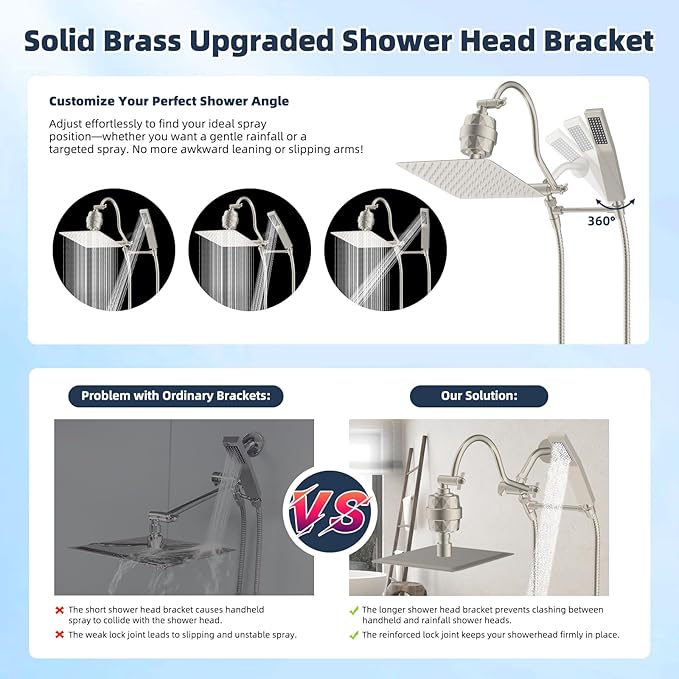 Hibbent All Metal 10'' Filtered Rainfall Shower Head Combo, High Pressure Handheld Shower Wand, 12'' Adjustable Extension Arm, 20 Stage Shower Filter, 71'' Hose, Shower Head Holders, Brushed Nickel