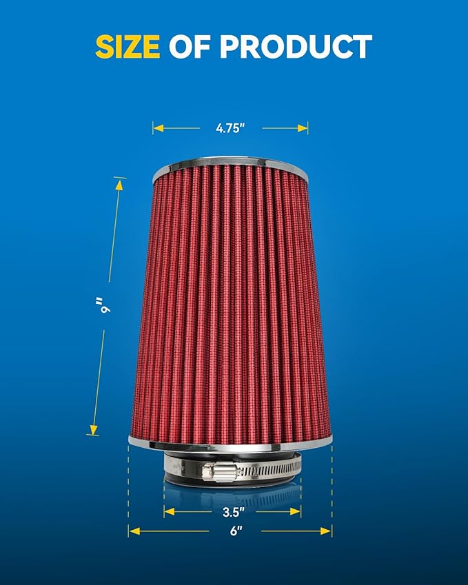 PHILTOP Universal Clamp-On Air Intake Filter, High Performance, Premium, Washable, Replacement Air Filter: High Flow Air Filter 3.5" 89 mm Inlet Truck(8" Tall)