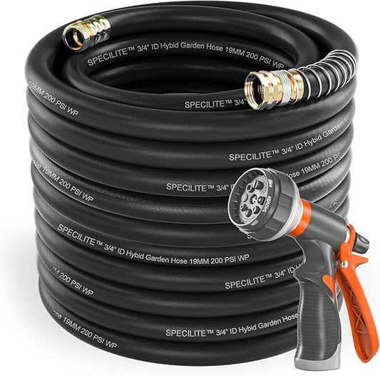 Garden Water Hose 150 ft x 3/4 in Heavy Duty, Flexible and Lightweight, Burst 600 psi, Kink-less Hybrid Rubber Pipe for Backyard, 3/4'' Brass Fittings, Black