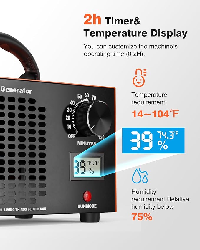 Ozone Generator - 60000 mg/h Ozone Generator for Large Spaces up to 5000 Sq.Ft, Air Purifier with Temp & Humidity Display, 120-Min Timer, Ozone Machine for Cars, Homes, Hotels, Kitchens & Pet Areas