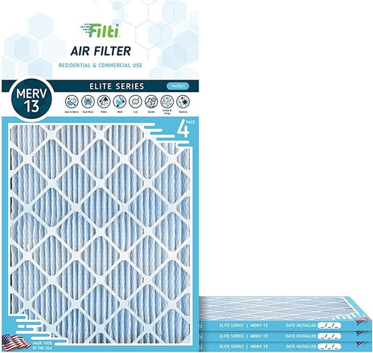 FILTI 14x25x1 Air Filter MERV 13 | Pleated Home Air Filter | HVAC AC Furnace Filter MADE IN USA (4 Pack)