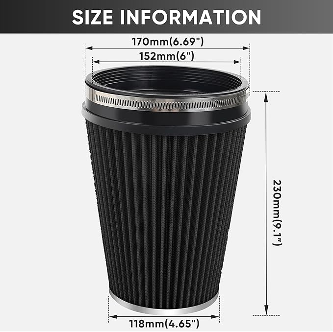 6" 152mm Cold Air Intake Filter Clamp-On Replacement High Flow Inlet Air Filter High Performance Washable Cone Filter 9" Tall Black