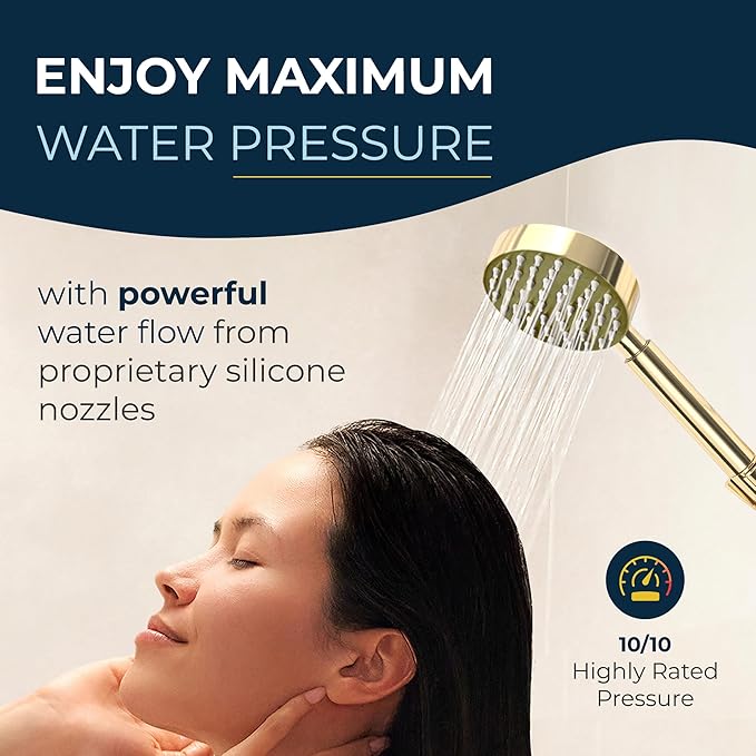 HammerHead Showers® Solid Metal Handheld Shower Head with Hose and Brass Holder - POLISHED BRASS - 2.5 GPM High Pressure Shower Heads with Adjustable Shower Wand Bracket - 6ft Flexible Extension