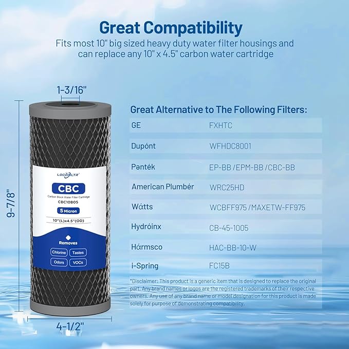 5 Micron 10" x 4.5" Whole House Activated CTO Carbon Block Water Filter Cartridge Replacement for WFHDC8001, CB-BB-10, FXHTC, FC15B, EP-BB, EPM-BB, CTO10BB, WCBFF975, CB-45-1005, CTO-F10B-5 (2 Pack)