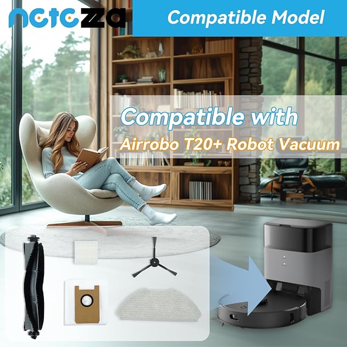 T20 Accessories Replacement Compatible with Airrobo T20+ Robot Vacuum Cleaner, 1 Main Brush, 2 HEPA Filters, 4 Dust Bags, 4 Mop Pads, 4 Side Brushes, T20+ Replacement Parts