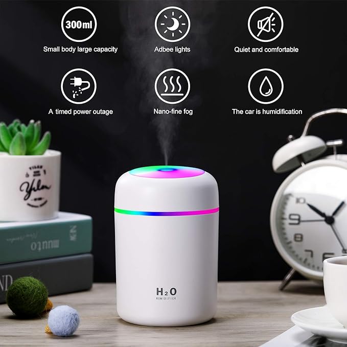 2 Pieces Cool Mist Portable Mini Humidifiers, 300 ml, Quiet USB Personal Desktop Humidifiers with 2 Mist Modes and Auto Shut Off for Bedroom Home (Pink, White)