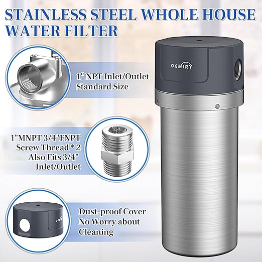 Whole House Water Filter, Stainless Steel Filter Housing, 10"x4.5" Sediment Filter Pre-Filtration System for Well or City Water, 1" or 3/4" NPT Port, 1 Filter