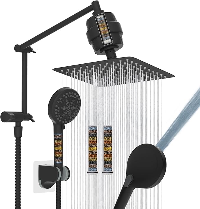 iFealClear Metal Rain Filtered Shower Head, 10” High Pressure Rainfall Shower Head with Handheld Spray, 10 Mode Handheld Powerful Wash, 16" Adjustable Extension Arm, 2 Pack Shower Filters, Matte Black