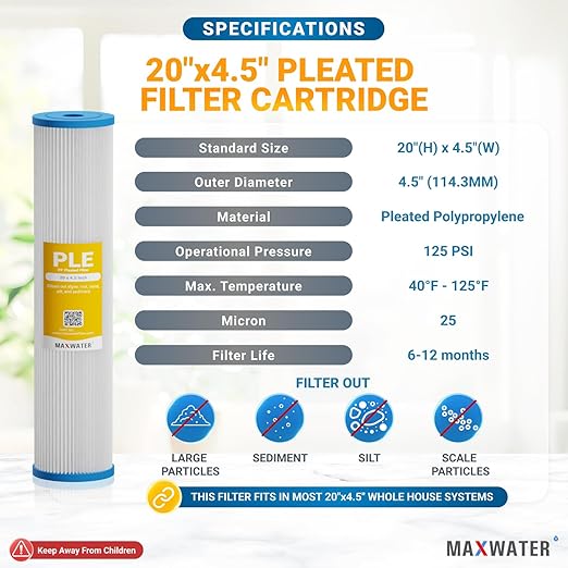 20 x 4.5 Whole House 1 Stage PP Pleated Sediment Filter System w/ 1" NPTF Port Housing Head Includes 25 Micron Pleated Sediment Filter, Gauge & Bracket BB-20B WH100SP WDS150K CB1-CAB20-BB DB20P