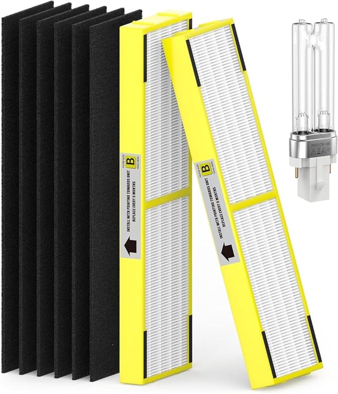 SAKEGDY FLT4825 HEPA Filter B and LB4000 Replacement Bulb Compatible with Guardian Purifier AC4825 AC4300 AC4800 AC4900 AC4850, 2 Pack Filter B with 6 Carbon Filters and 1 Bulb