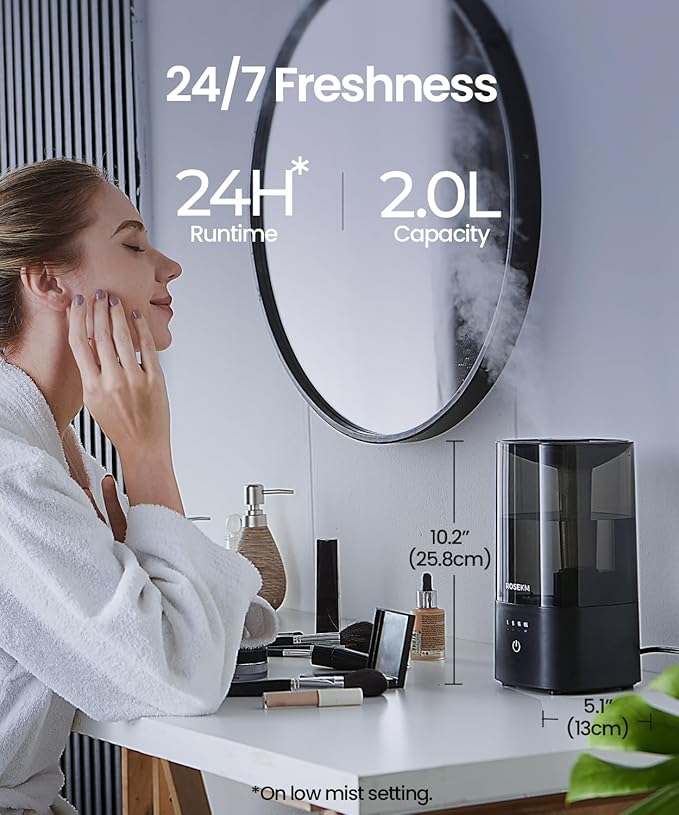 Humidifiers for Bedroom, 2.0L Cool Mist Humidifier for Home Plant and Baby Nursery, Quiet Ultrasonic Humidifier with 360° Nozzle, Auto Shut-Off, Filterless, Black