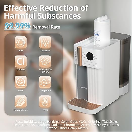 ICEPURE 4-in-1 Reverse Osmosis Water Filter Countertop, Water Purifier System, RO Home Water Filter Dispenser Hot and Cold, Bottleless Water Cooler Countertop, 3:1 Pure to Drain Water Machine