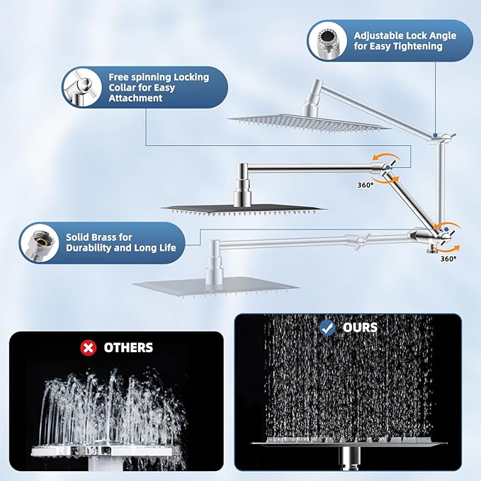 iFealClear Metal Rain Shower Head, 10” High Pressure Rainfall Shower Head with Handheld Spray Combo, 10-Spray Handheld Built-in Power Wash, 16" Shower Extension Arm, 71" Hose, 3-Way Diverter, Chrome