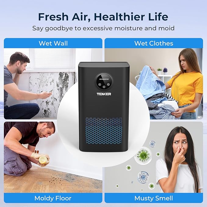 TENKER Dehumidifier for Home, 77 OZ Water Tank (800 sq.ft) Dehumidifiers, Quiet Dehumidifier with Sleep Mode, Auto Shut Off, 7-Color LED Light for Closet Bedroom Bathroom Basement RV, White (Black)