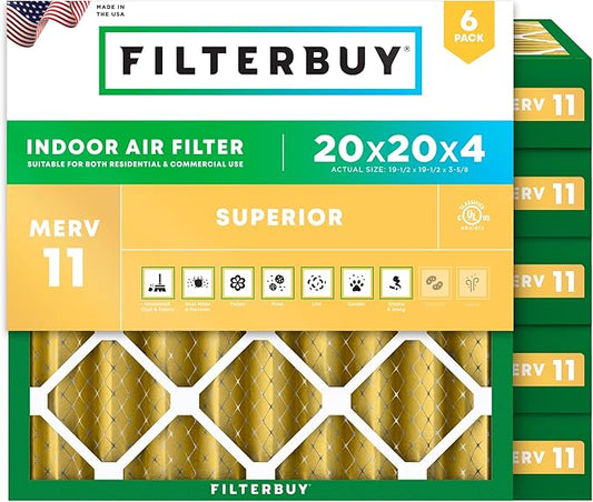 Filterbuy 20x20x4 Air Filter MERV 11 (MPR 1200) Allergen Defense Replacement (6-Pack), Electrostatic Pleated HVAC AC Furnace Filters, Made in USA (Actual Size: 19.50 x 19.50 x 3.63)