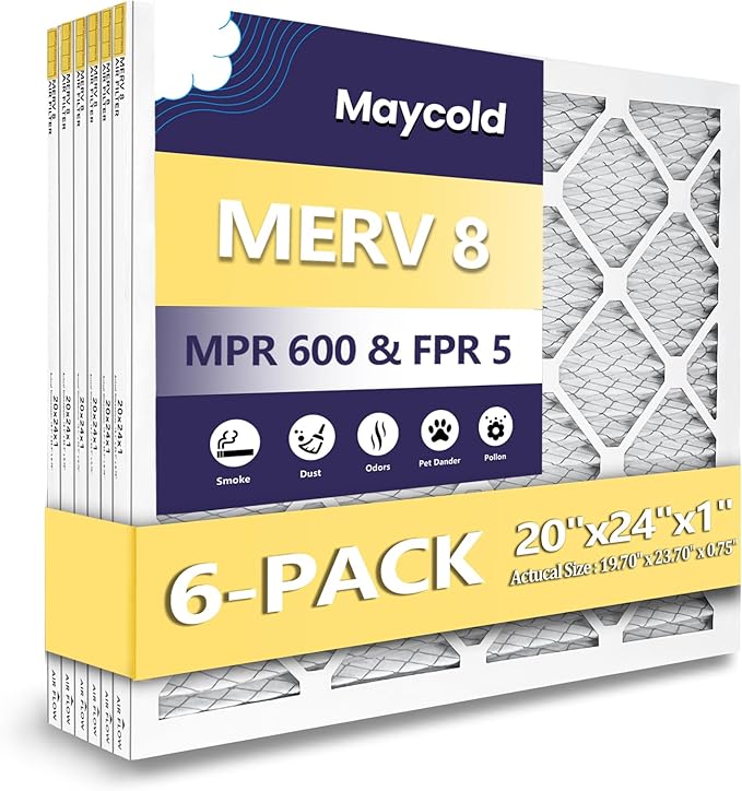 Maycold 20x24x1 MERV 8 Furnace Air Filters (6-Pack), Pleated HVAC AC Filter for Home or Office – Traps Dust, Lint & Pet Hair, Actual Size 19.70 x 23.70 x 0.75，Individually Wrapped in Plastic