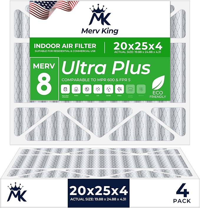 MervKing 20x25x4 Air Filter Actual Size: 19.88" x 24.88" x 4.31" MERV 8 MPR 600-700 | MADE IN USA | 4-Pack | Pleated HVAC AC Furnace Replacement