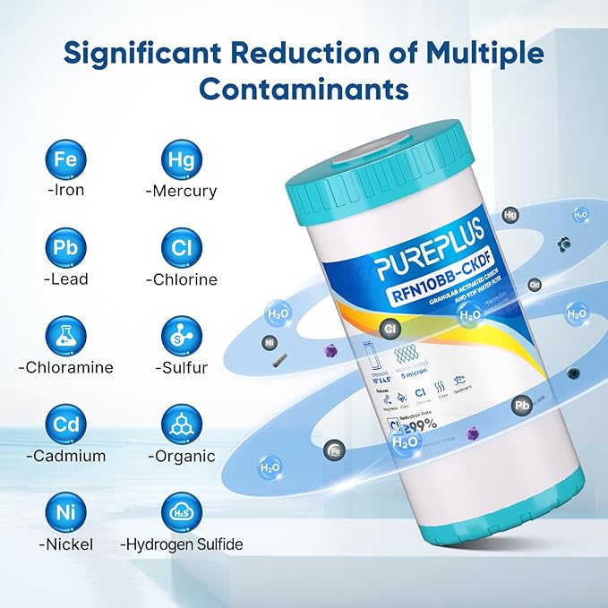 PUREPLUS 5 Micron 10" x 4.5" Whole House KDF/GAC Water Filter, Heavy Metal Removal Replacement Water Filter, RFN10BB-CKDF, 1PACK