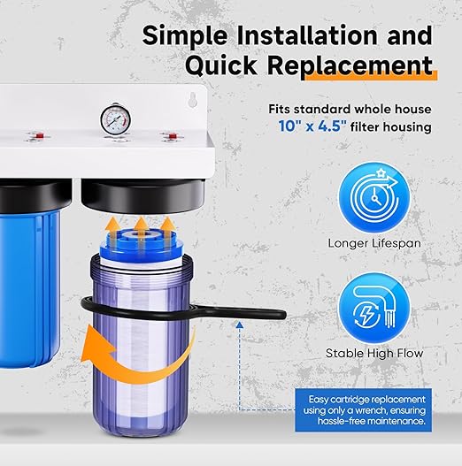 PUREPLUS 2-Stage Whole House Water Filtration System, 10" Universal Clear Housing, with Sediment & Iron Reduce, Carbon Filter, Reduce Iron, Chlorine, Taste, Includes Pressure Gauges, 1" Inlet/Outlet