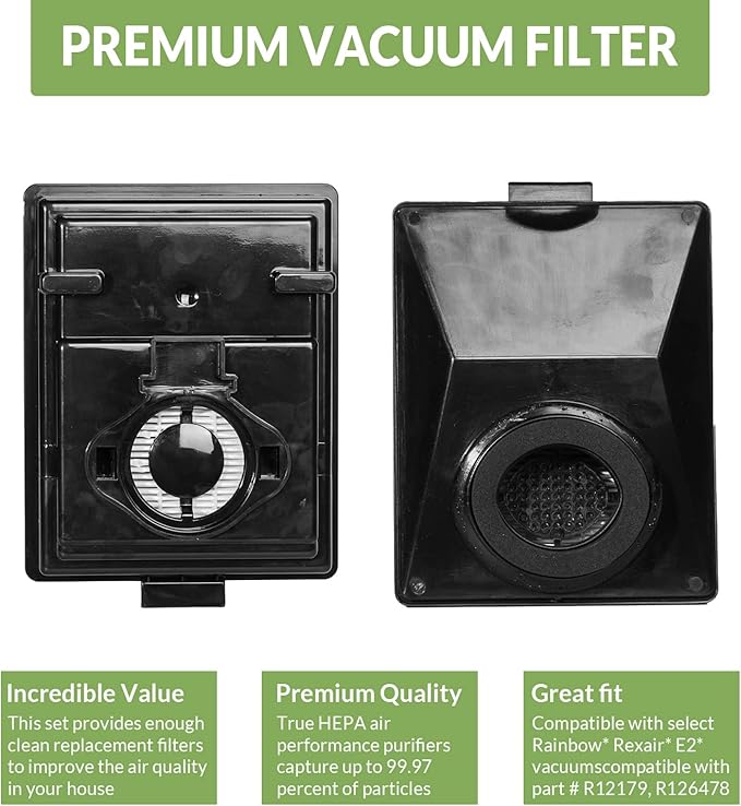 Replacement HEPA Vacuum Filter Compatible with Rainbow E2 Series Part R12179 & R12647B Attachment, Washable and Reusable 2 PK
