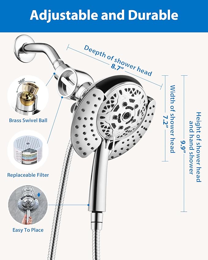 2-in-1 Filtered Shower Head with Handheld: Dual Shower Heads with Rain Shower & Handheld Shower Head, 10-Mode Detachable Shower Head with Massage Spray, Shower Trim Systems