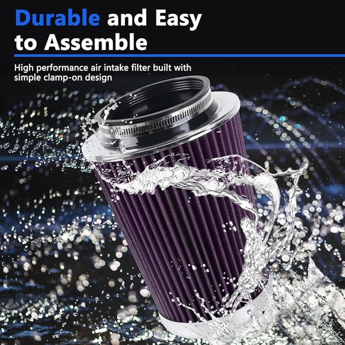 4-Inch Cold Air Intake Filter - Washable, High Performance, 3" or 3-1/2" or 4" Clamp-On Replacement Air Filter Purple (8" Tall)