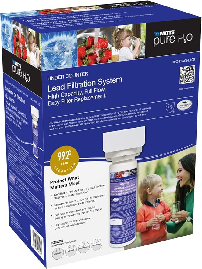 Watts Premier H2O-DWCFL100 Pure H2O Lead Reduction Filtration System with Full-Flow Filter and Supply Line Adapter, Flow Rate 1.5 GPM, 1/4 Turn Quick Change, Reduces Sediment, Chlorine Taste & Odor