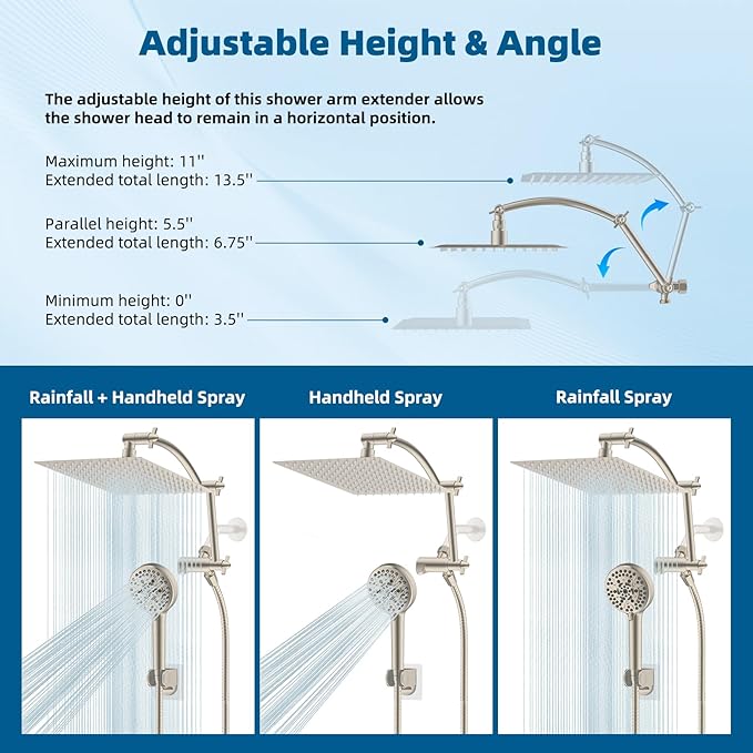 Hibbent All Metal Shower Head, 12'' High Pressure Rain Shower Head/Handheld Showerhead Combo with 16'' Adjustable Arc-shaped Extension Arm, 10 Sprays, 71'' Hose, Showerhead Holder, Brushed Nickel