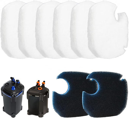 8 Pcs Replacement Canister Filter Pads for AMOSIJOY Coospider-repta 172/225/265GPH Aquarium External Strainer, Including 6 White Floss Pads, 2 Coarse Filter Pads with Activated Carbon