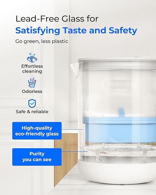 Waterdrop Glass Alkaline Water Filter Pitcher with 1 Filter, Enhances Alkaline Water, Eco-Friendly, 7-Cup, for Home & Office, Reduces PFOA/PFOS, Chlorine, Cadmium, Copper, Mercury, Clear, WD-PT-72C-A