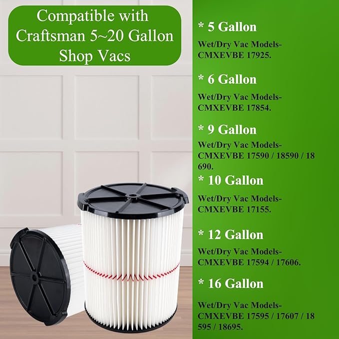 2 Pack CMXZVBE38754 Replacement Filter Fit for Craftsman Shop Vac Wet Dry 5 to 20 Gallon, 9-38754 Red Stripe General Purpose Wet Dry Vac Replacement Filter