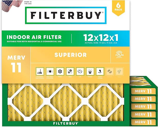 Filterbuy 12x12x1 Air Filter MERV 11 (MPR 1200) Allergen Defense Replacement (6-Pack), Electrostatic Pleated HVAC AC Furnace Filters, Made in USA (Actual Size: 11.75 x 11.75 x 0.75)