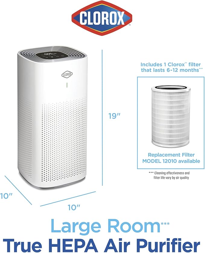 Clorox Air Purifiers for Home, True HEPA Filter, Large Rooms up to 1,500 Sq Ft, Removes 99.9% of Mold, Viruses, Wildfire Smoke, Allergens, Pet Allergies, Dust, AUTO Mode, Whisper Quiet