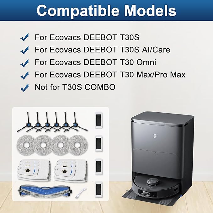 22 Pack Accessories Kit Only for ECOVACS DEEBOT T30S Series (T30S Pro/AI/CARE/AI Care) Robot Vacuum Replacement Parts, 6 Side Brushes, 4 Mop Pads, 6 Dust Bags, 1 Main Brush, 4 Filters, 1 Tool brush