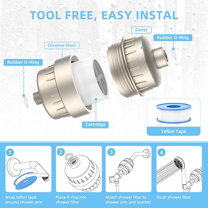 Shower Water Filter - 24 Stage Shower Filter Shower Head Filter for Hard Water with 4 Replaceable Filter Cartridges Protects Your Skin and Hair from Chlorine and Heavy Metals in Water, Brushed Nickel