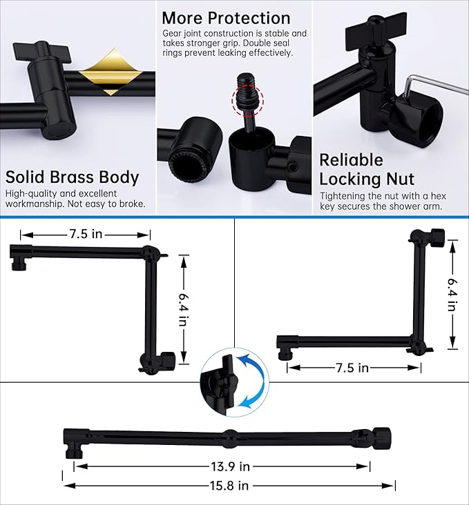 G-Promise All Metal 12 Inches Rainfall Shower Head with Handheld Spray Combo, 3 Settings Diverter, Adjustable Extension Arm with Lock Joints, 71 Inches Stainless Steel Hose (Matte Black)