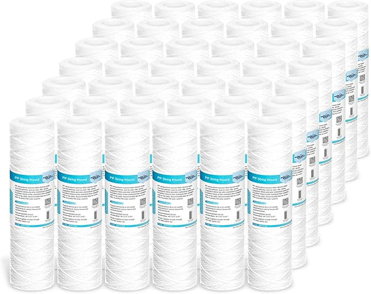 42 Pack of 20 Micron 10"x2.5" String Wound Whole House Water Filter Replacement Cartridge by Membrane Solutions, Universal Sediment Filters for Well Water, Compatible with WFPFC4002, CW-F, CW-MF, WP-5