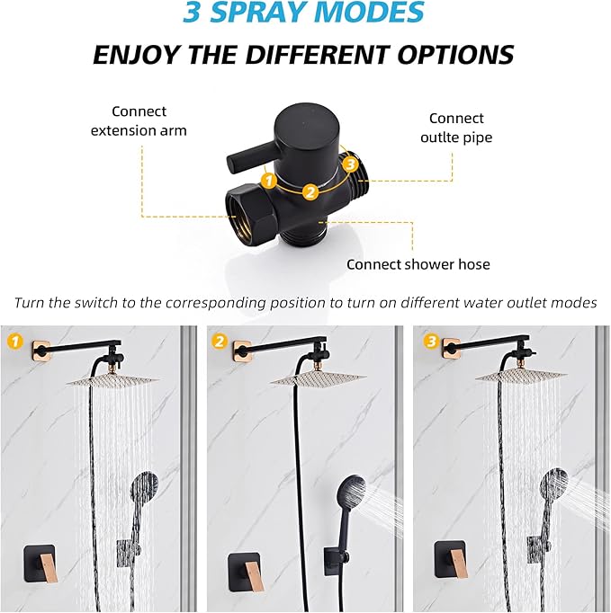Shower Head Combo Matte Black and Rose Gold, 8 Inch Rain Shower Head with Handheld 5 Spray Modes High Pressure Rainfall Shower Heads System, 15 Inch Shower Adjustable Extension Arm