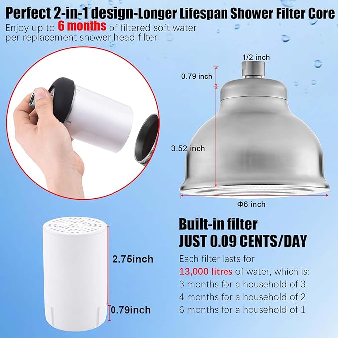 Stainless Steel Shower Head with Filters - Durable & Rustproof, Filtered Shower Head with High-Capacity Filter Cartridge for Hard Water - Long-Lasting Filtration Reduce Hair Shedding Soothe Dry Skin