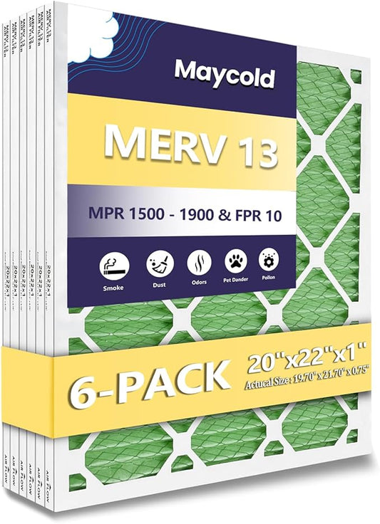 Maycold 20x22x1 MERV 13 Furnace Air Filter (6-Pack), High-Performance HVAC AC Filters for Home Use, Actual Size: 19.70” x 21.70” x 0.75”, Individually Wrapped in Plastic