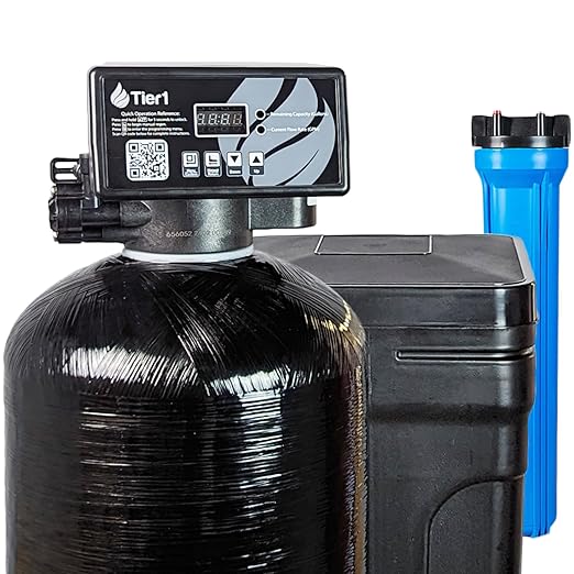 Tier1 Whole House Water Softener System Compact 32,000 Grain High Efficiency with Sediment Pre-Filter | Pre-Filled Mineral Tank with 1 Cubic Foot of Cation Resin | Home Water Filtration System