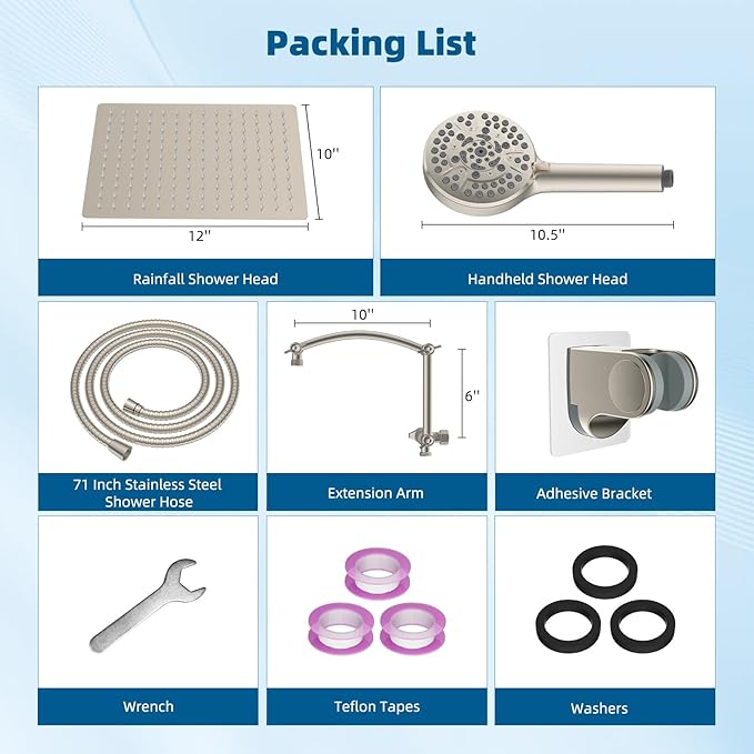 Hibbent All Metal Shower Head, 12'' High Pressure Rain Shower Head/Handheld Showerhead Combo with 16'' Adjustable Arc-shaped Extension Arm, 10 Sprays, 71'' Hose, Showerhead Holder, Brushed Nickel