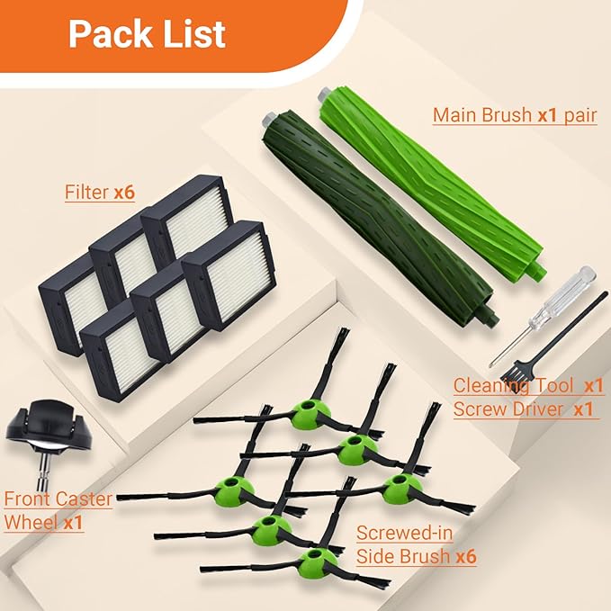 Replacement Parts Compatible with iRobot Roomba J7 J7+ J5 J5+ J6 J6+ J8 J8+ J9 J9+ i e j Series Vacuum Cleaner Accessories Kit,Front Caster Wheel,Rubber Brushes,6 HEPA Filters,6 Side Brushes