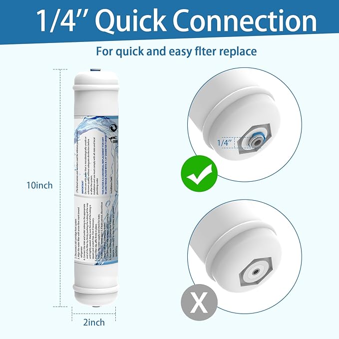 T33 Inline Water Filter, 1/4" Quick-Connect Filter Replacement Cartridge Inline Water Filter for Refrigerator, Ice Maker, Under Sink System, Reverse Osmosis Water System, 2 Pack
