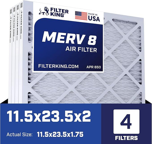 Filter King 11.5x23.5x2 Air Filter | 4-PACK | MERV 8 HVAC Pleated A/C Furnace Filters | MADE IN USA | Actual Size: 11.5 x 23.5 x 1.75"