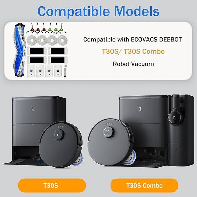 Accessories Kit for ECOVACS DEEBOT T30S / T30S Care / T30S AI Care/Yeedi M12 PRO+ Robot Vacuum Robot Vacuum and Mop, Main Brush, Side Brushes, HEPA Filters, Mop Pads, Dust Bags Replacement Parts